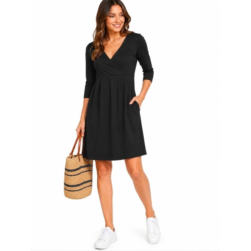 Eddie Bauer Black Empire Waist Ruched 3/4 Sleeve Knit Dress Size S